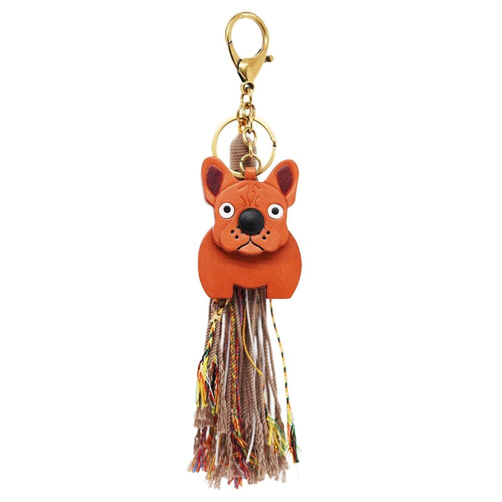 1237 Leather French Bulldog Keychain w/Nodding Head & Brass Ring –